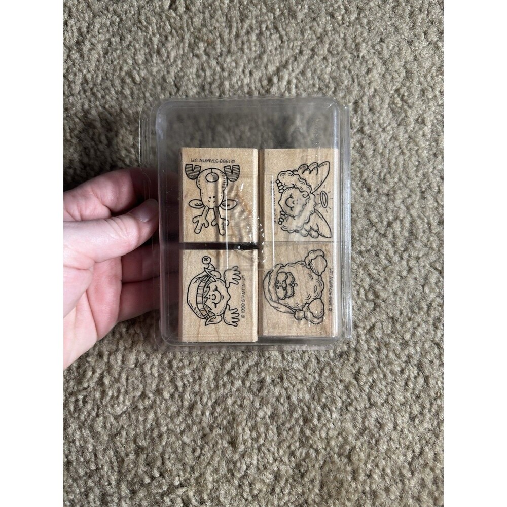 1999 Stampin Up Holiday Helper Set Of 4 Wood Mounted Rubber Stamps